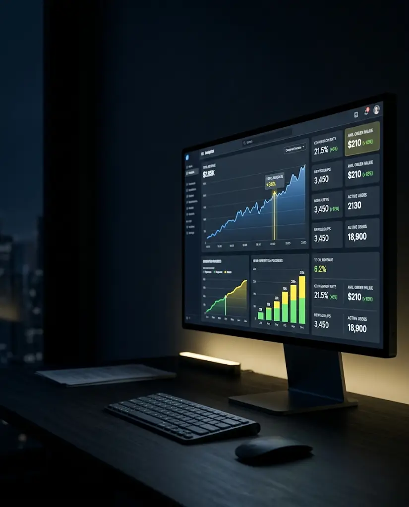 Panel de métricas digitales mostrando crecimiento de leads en Huelva
